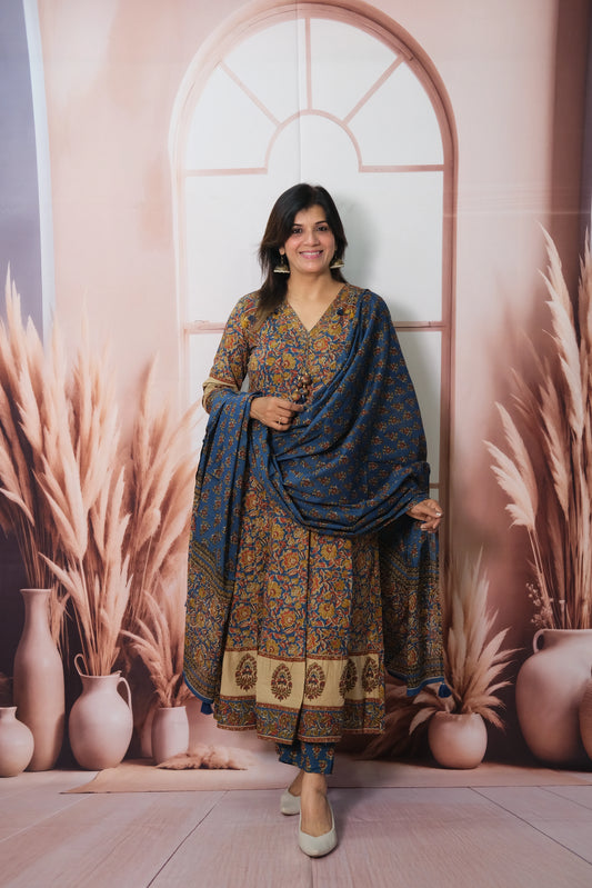 Anarkali Dupatta Set in Soft Cotton with Kalamkari & Embroidery