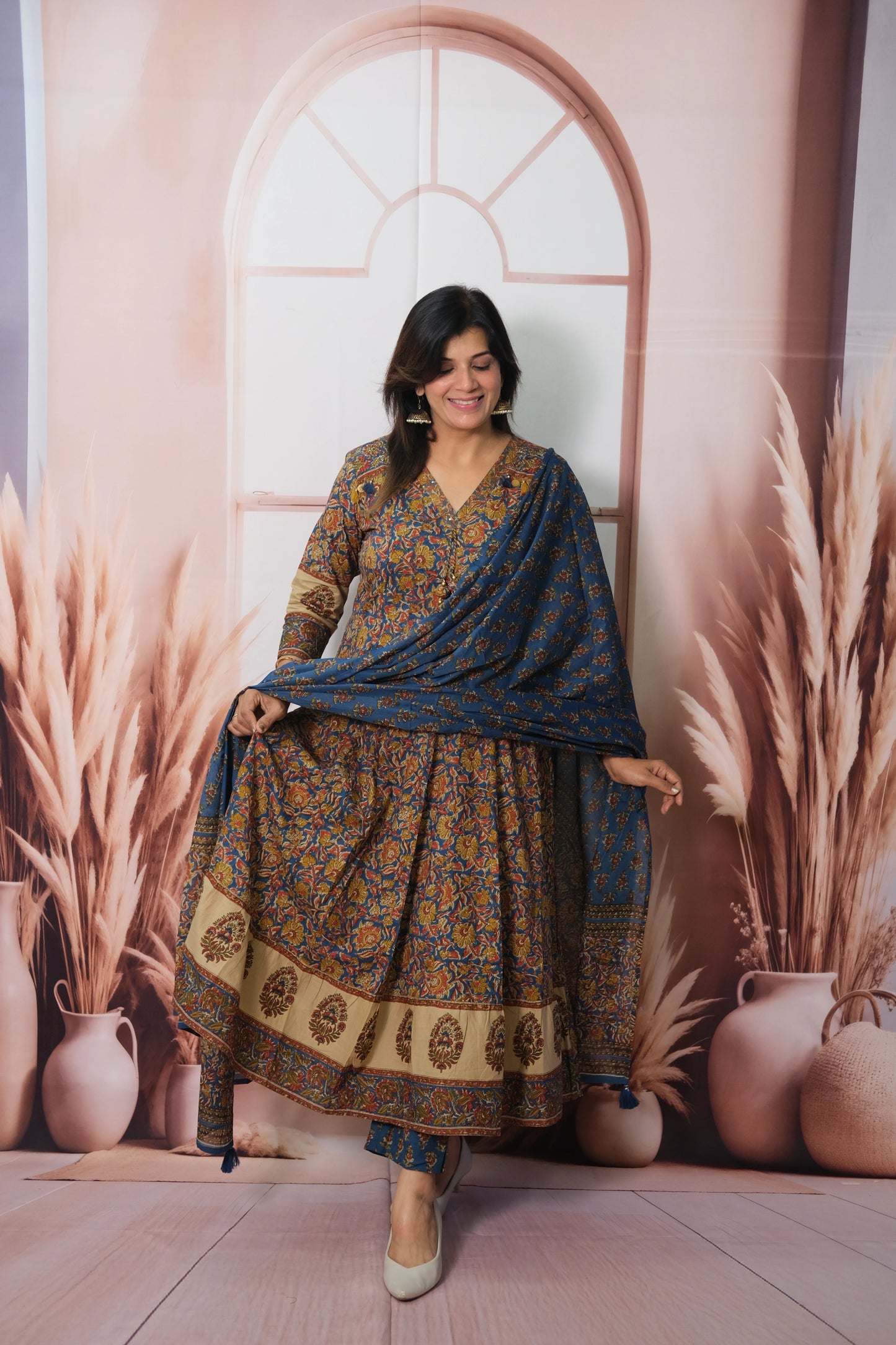 Anarkali Dupatta Set in Soft Cotton with Kalamkari & Embroidery