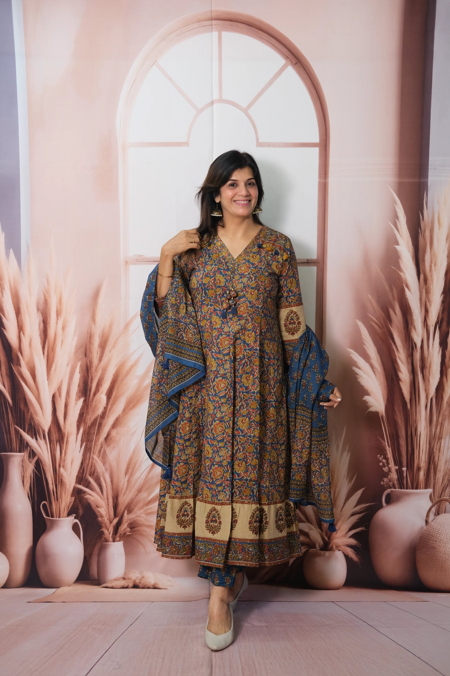 Anarkali Dupatta Set in Soft Cotton with Kalamkari & Embroidery