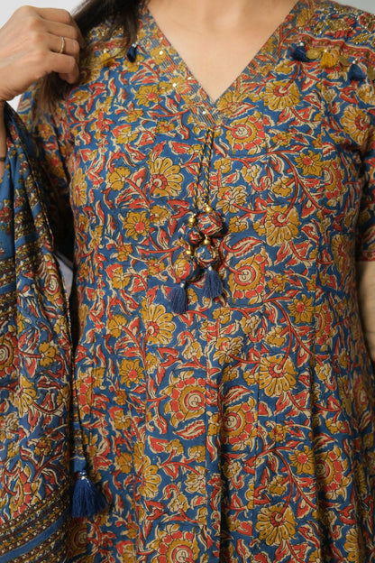 Anarkali Dupatta Set in Soft Cotton with Kalamkari & Embroidery