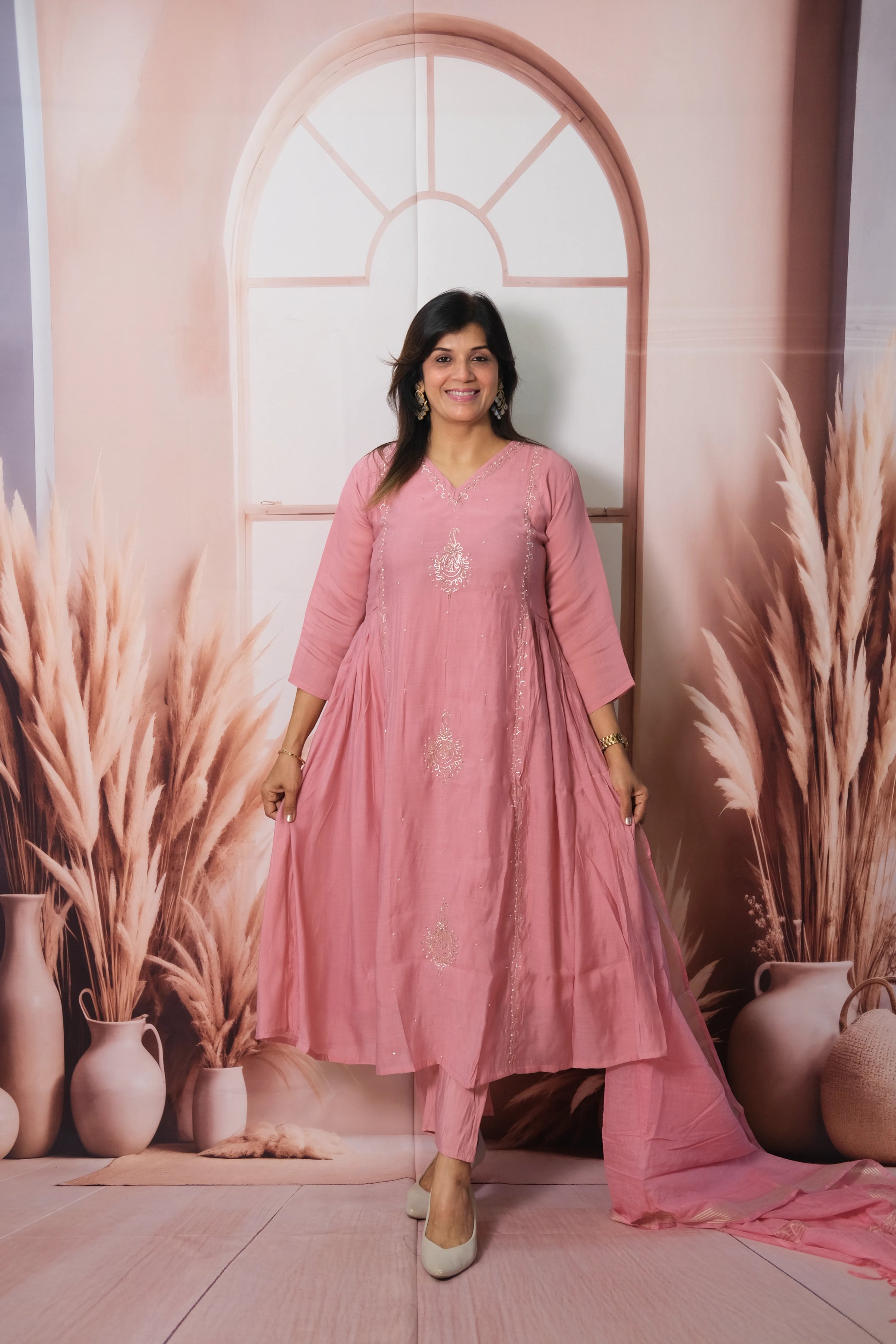 Dusky Pink Anarkali Dupatta Set in Mul Chanderi with Pearl Embroidery
