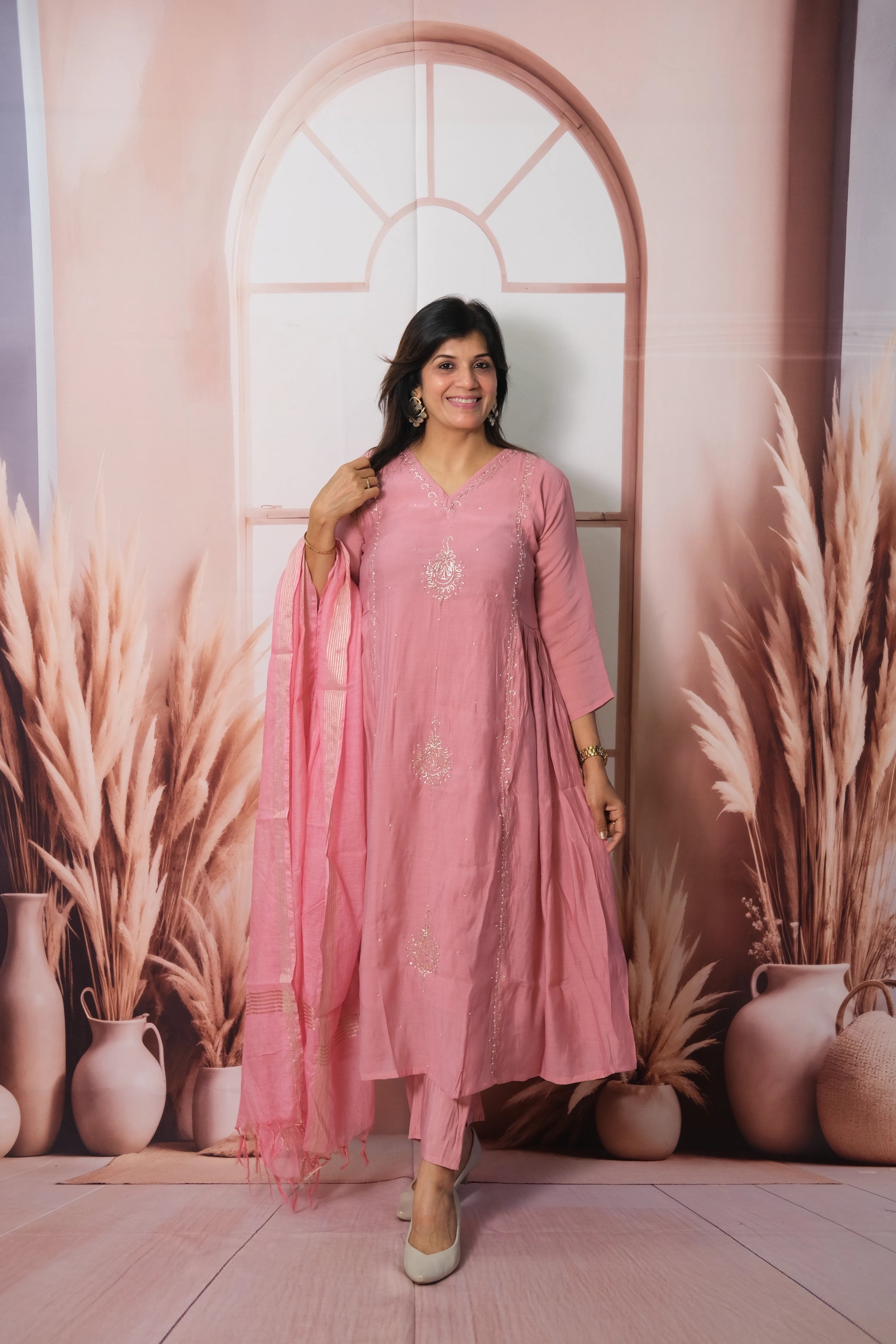 Dusky Pink Anarkali Dupatta Set in Mul Chanderi with Pearl Embroidery