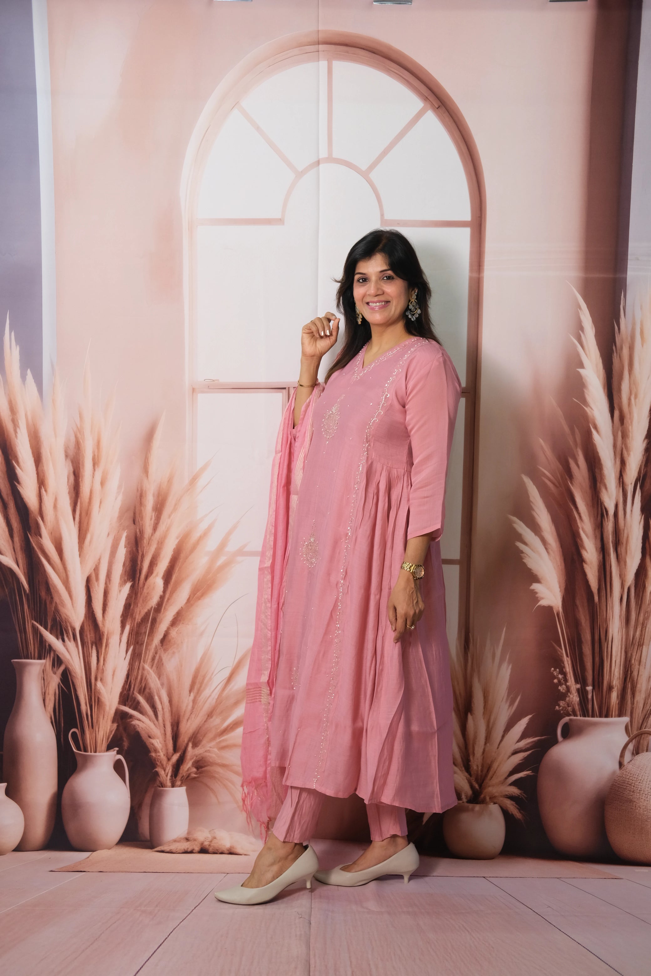 Dusky Pink Anarkali Dupatta Set in Mul Chanderi with Pearl Embroidery