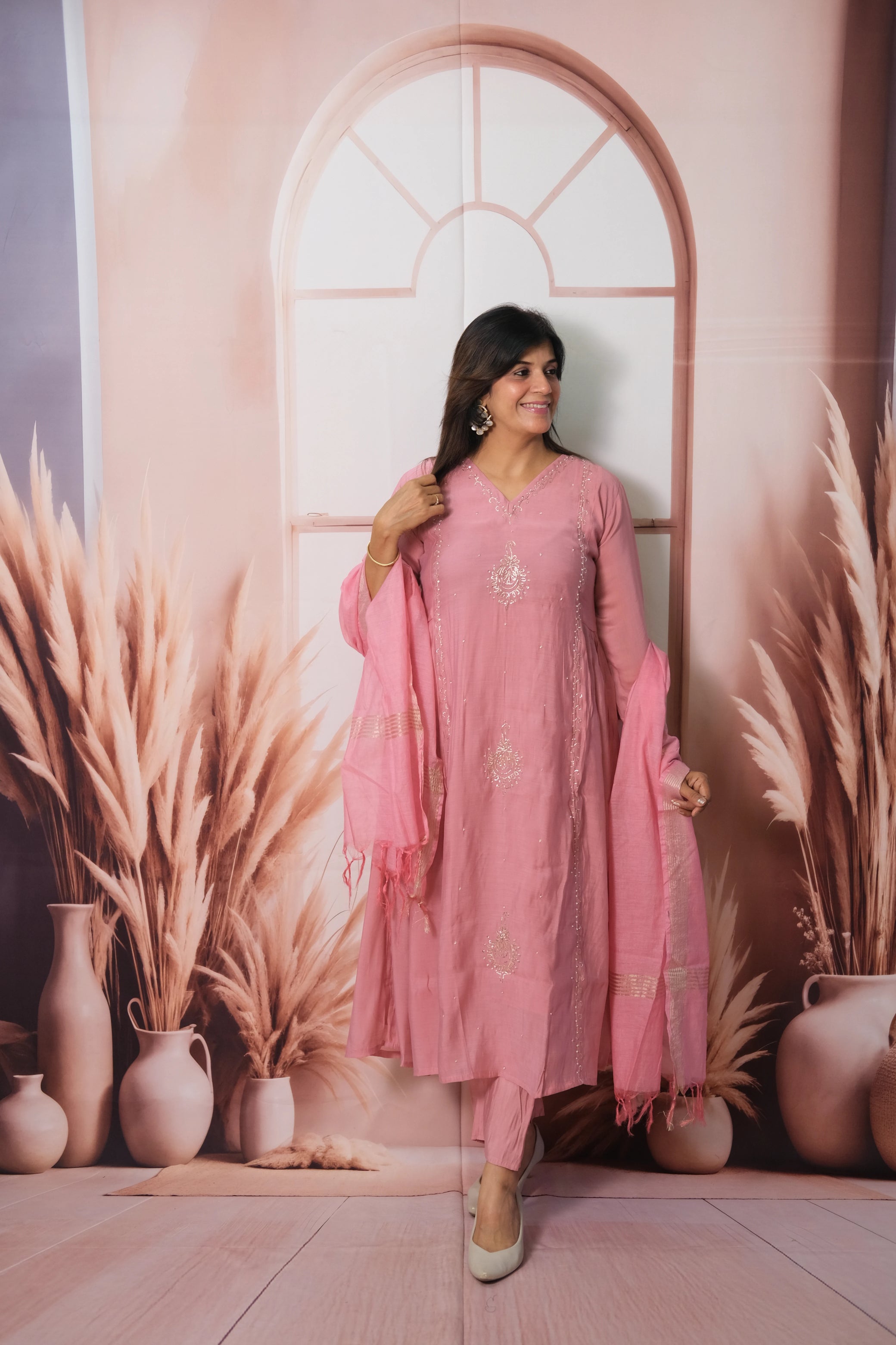 Dusky Pink Anarkali Dupatta Set in Mul Chanderi with Pearl Embroidery