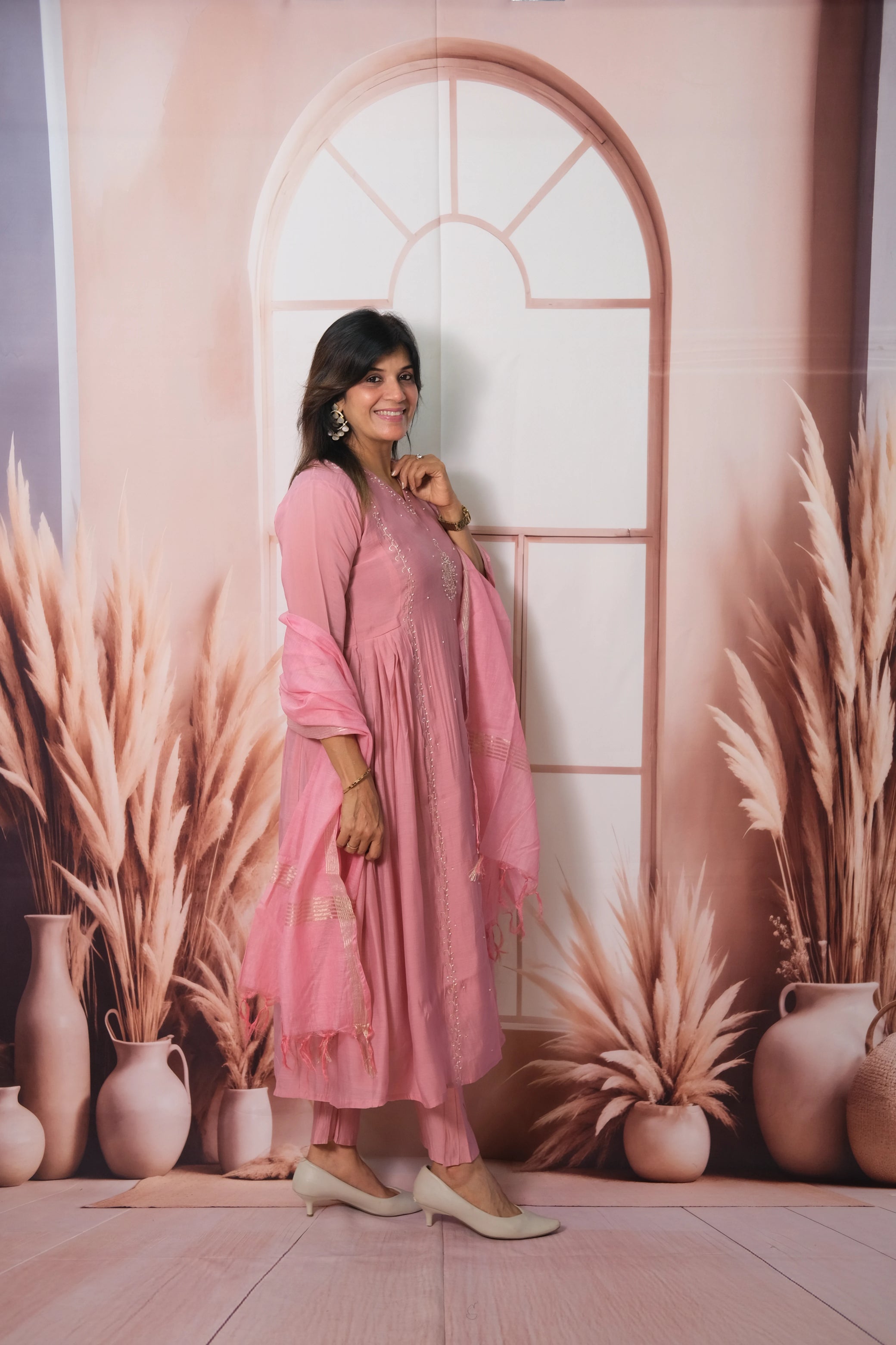 Dusky Pink Anarkali Dupatta Set in Mul Chanderi with Pearl Embroidery