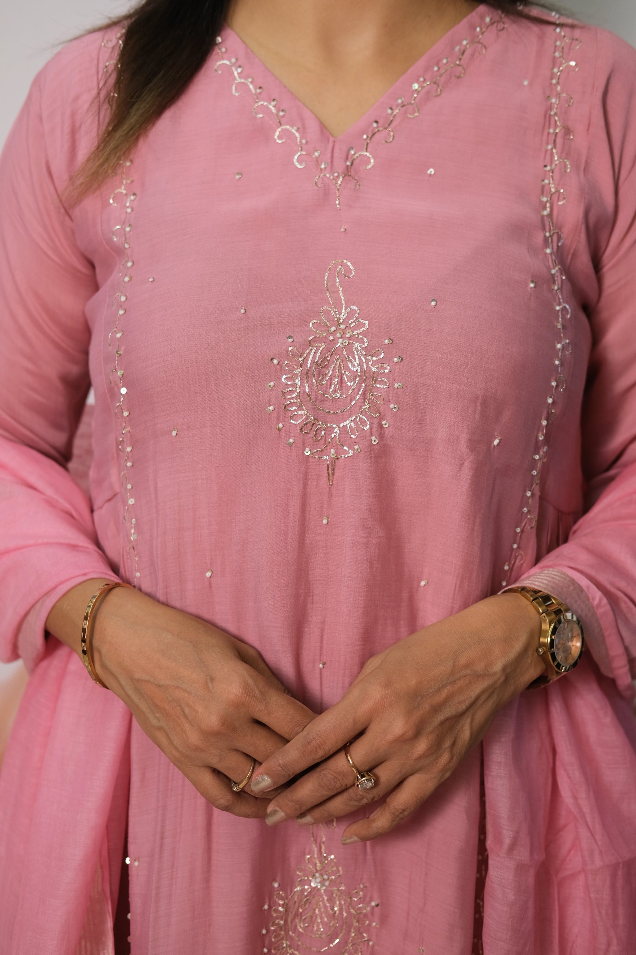 Dusky Pink Anarkali Dupatta Set in Mul Chanderi with Pearl Embroidery