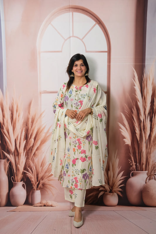 Floral Printed Dupatta Set in Soft Cotton with Pearl Work – Timeless Grace