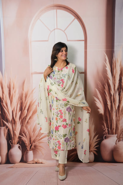 Floral Printed Dupatta Set in Soft Cotton with Pearl Work – Timeless Grace