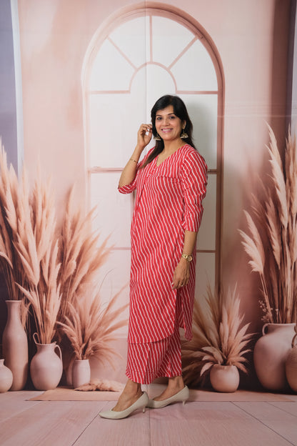 Red Lehriya Printed Kurta Pant Set in Soft Cotton