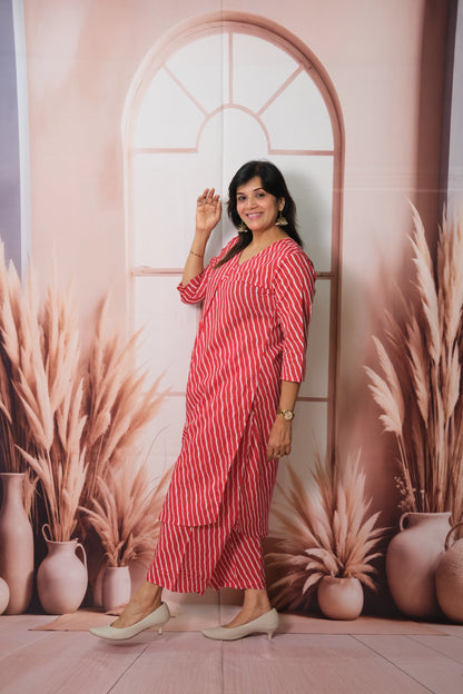 Red Lehriya Printed Kurta Pant Set in Soft Cotton