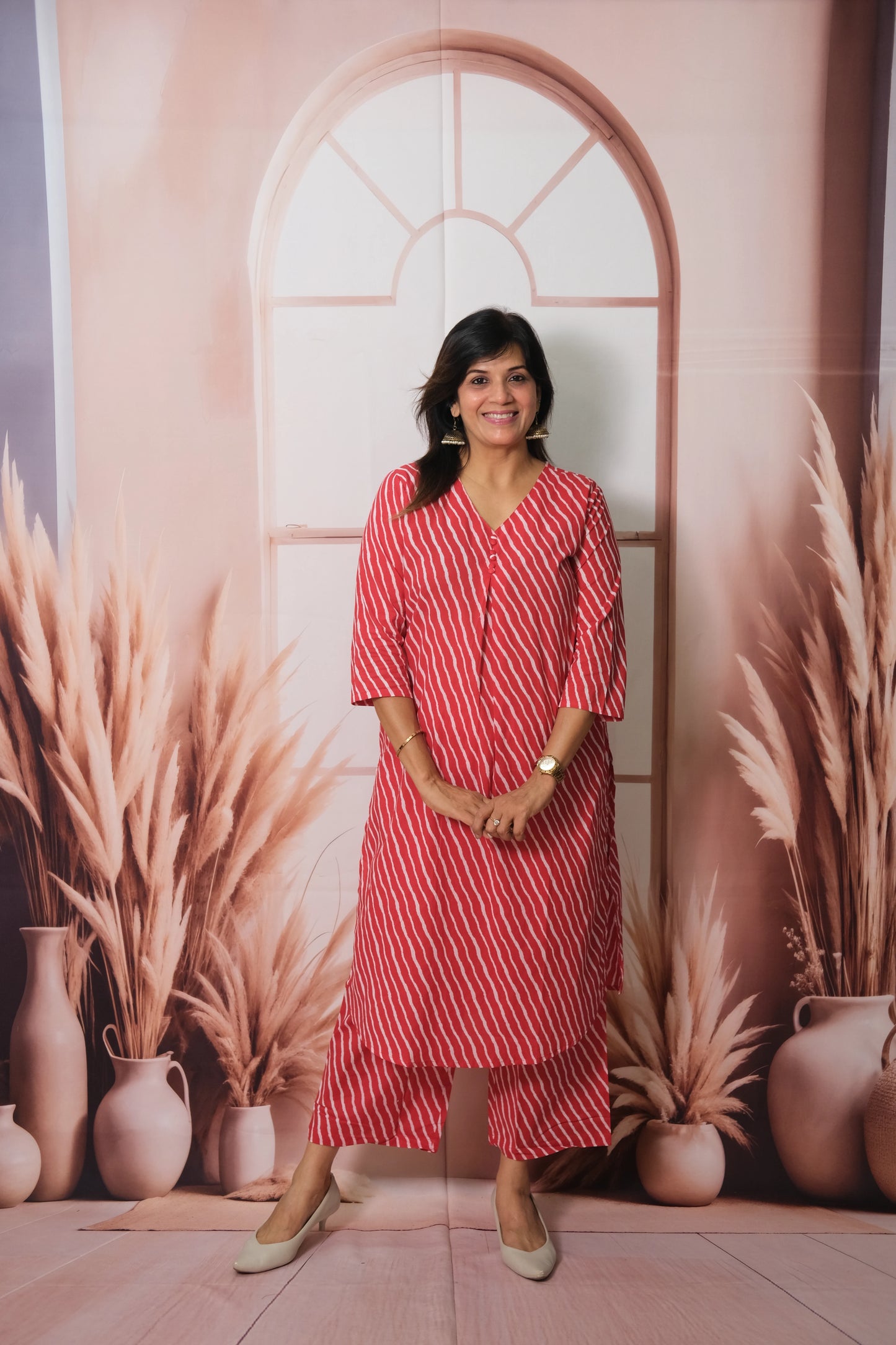 Red Lehriya Printed Kurta Pant Set in Soft Cotton