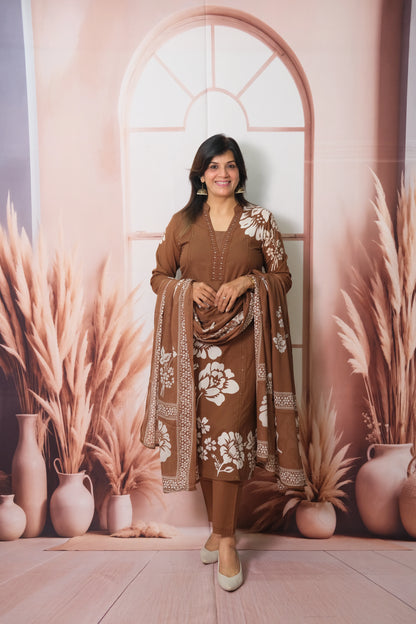 Brown Floral Printed Dupatta Set with Pearl work in Soft Cotton