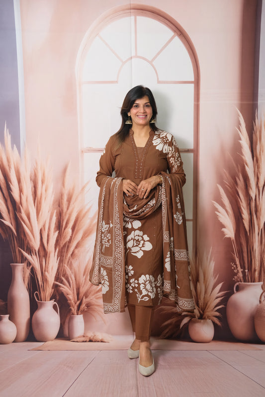 Brown Floral Printed Dupatta Set with Pearl work in Soft Cotton