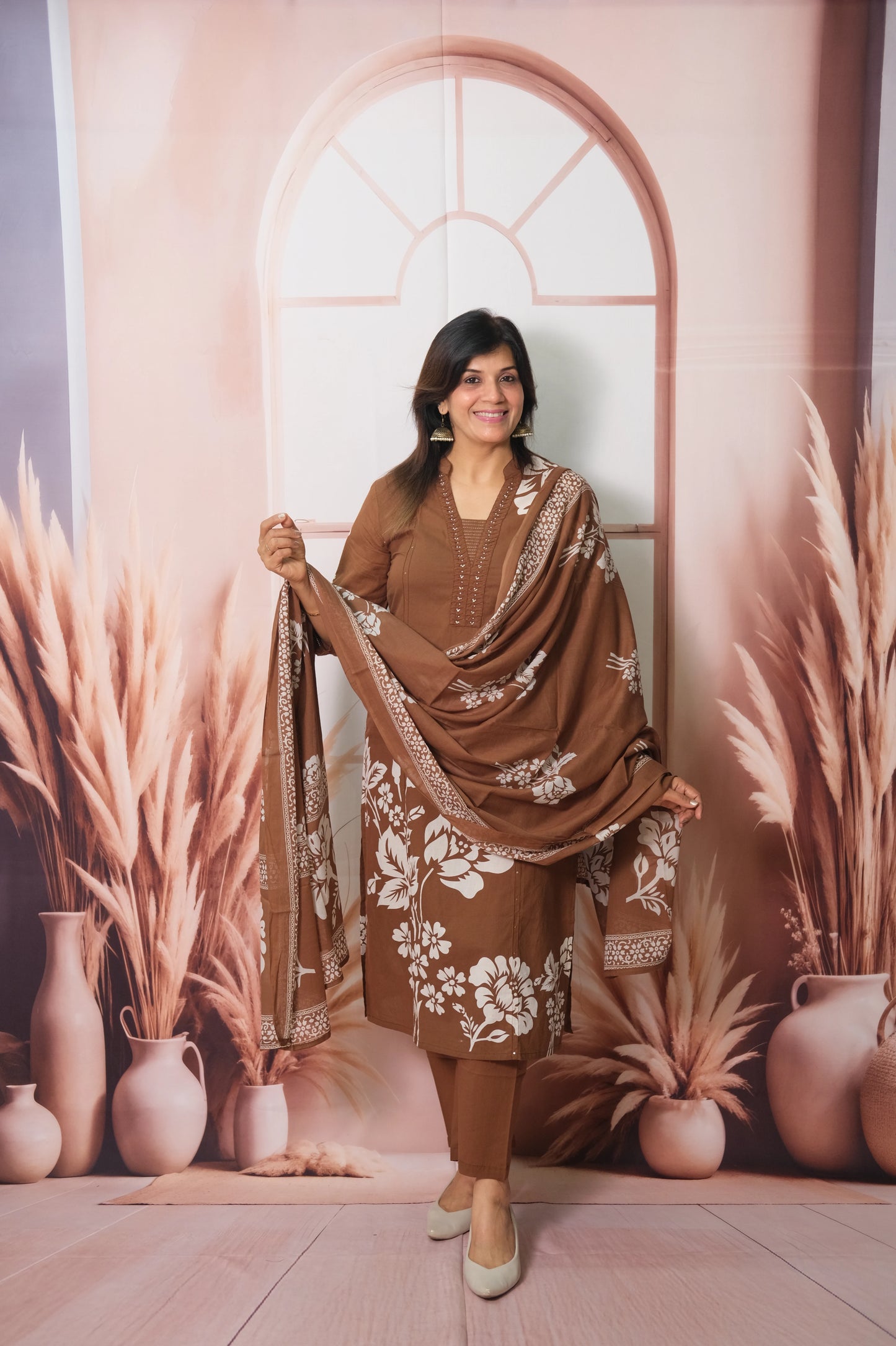 Brown Floral Printed Dupatta Set with Pearl work in Soft Cotton