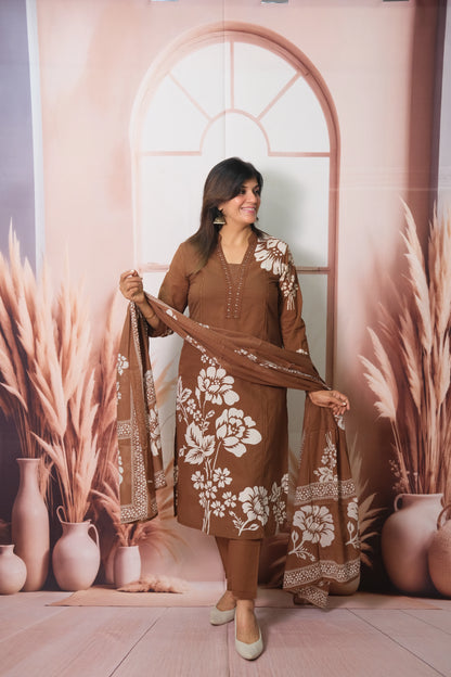 Brown Floral Printed Dupatta Set with Pearl work in Soft Cotton