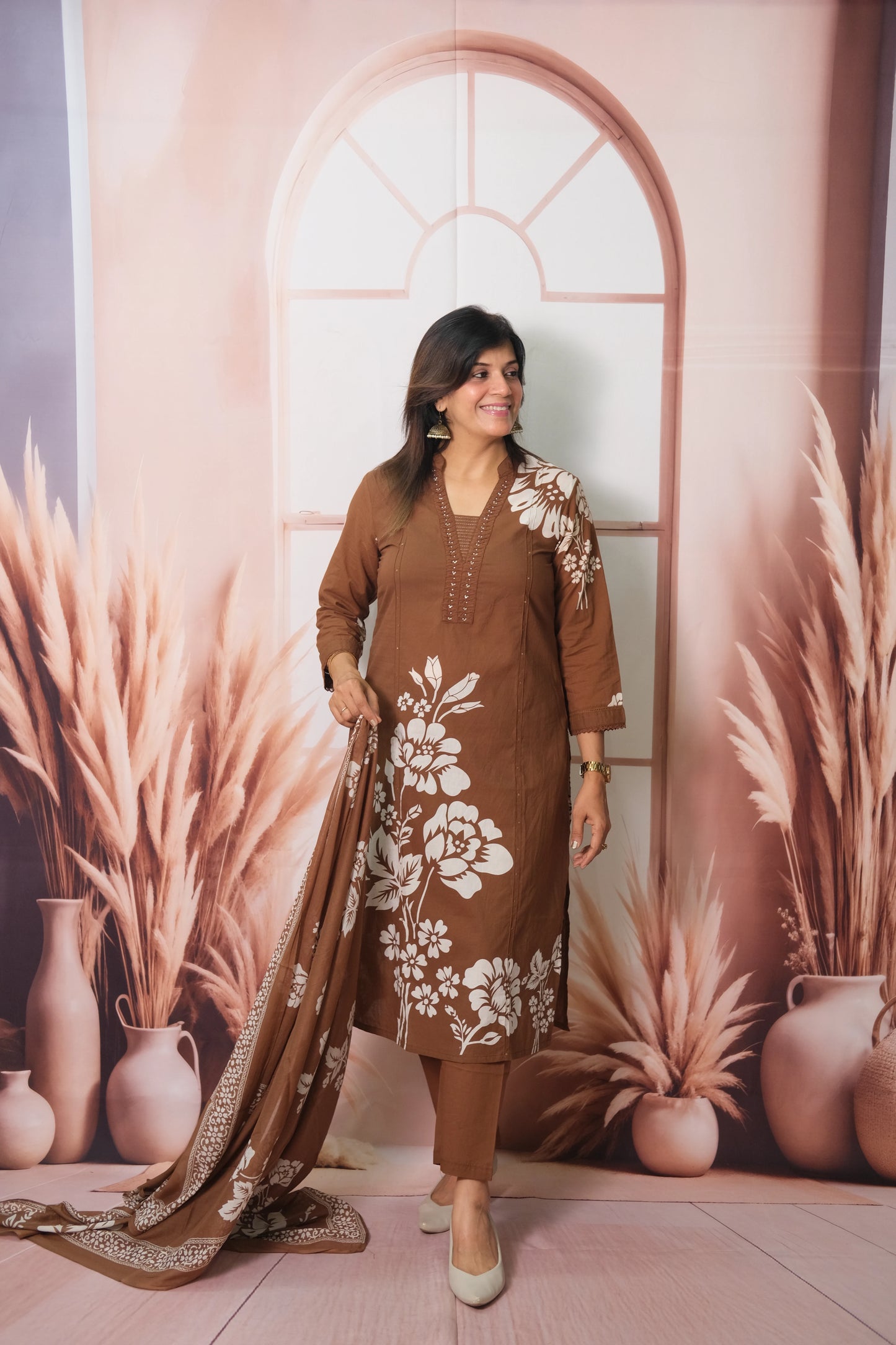 Brown Floral Printed Dupatta Set with Pearl work in Soft Cotton