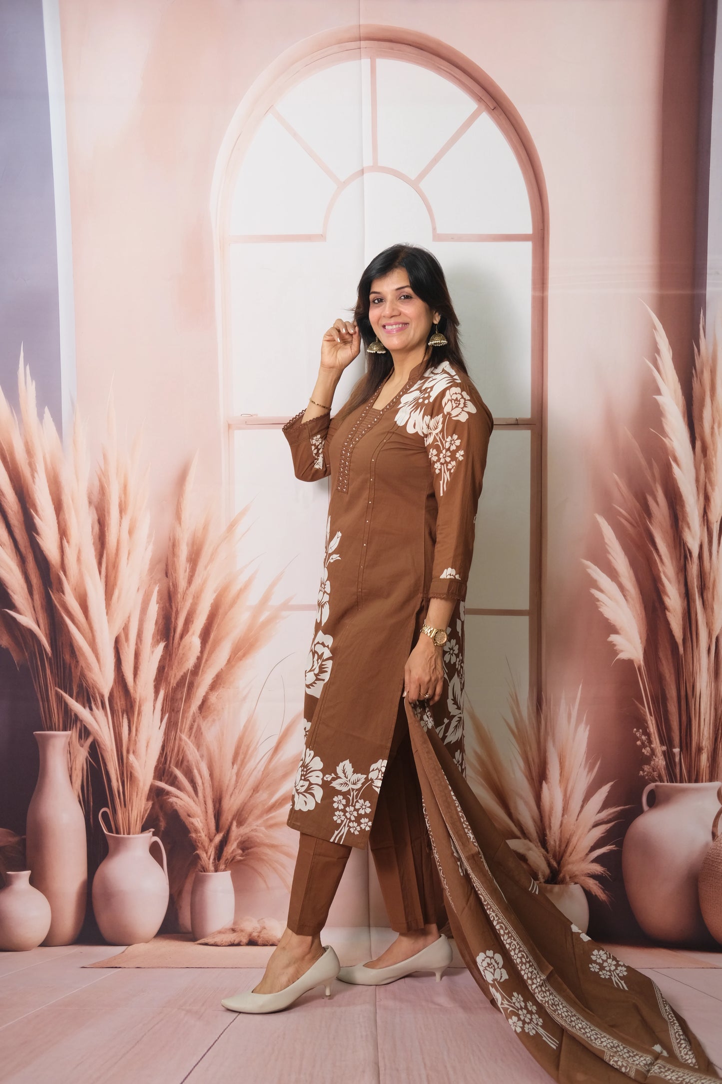 Brown Floral Printed Dupatta Set with Pearl work in Soft Cotton