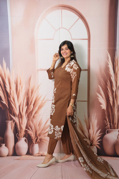 Brown Floral Printed Dupatta Set with Pearl work in Soft Cotton