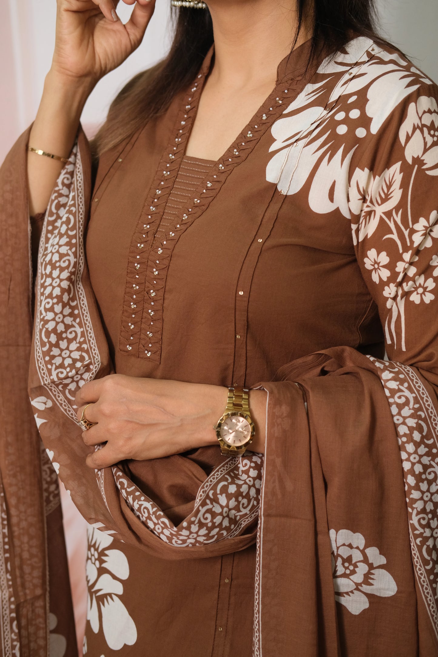 Brown Floral Printed Dupatta Set with Pearl work in Soft Cotton