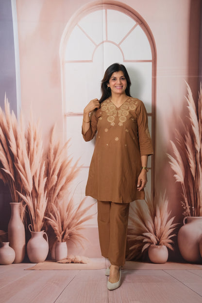 Brown Co-ord Set in Soft Cotton with Embroidery – Effortless Elegance