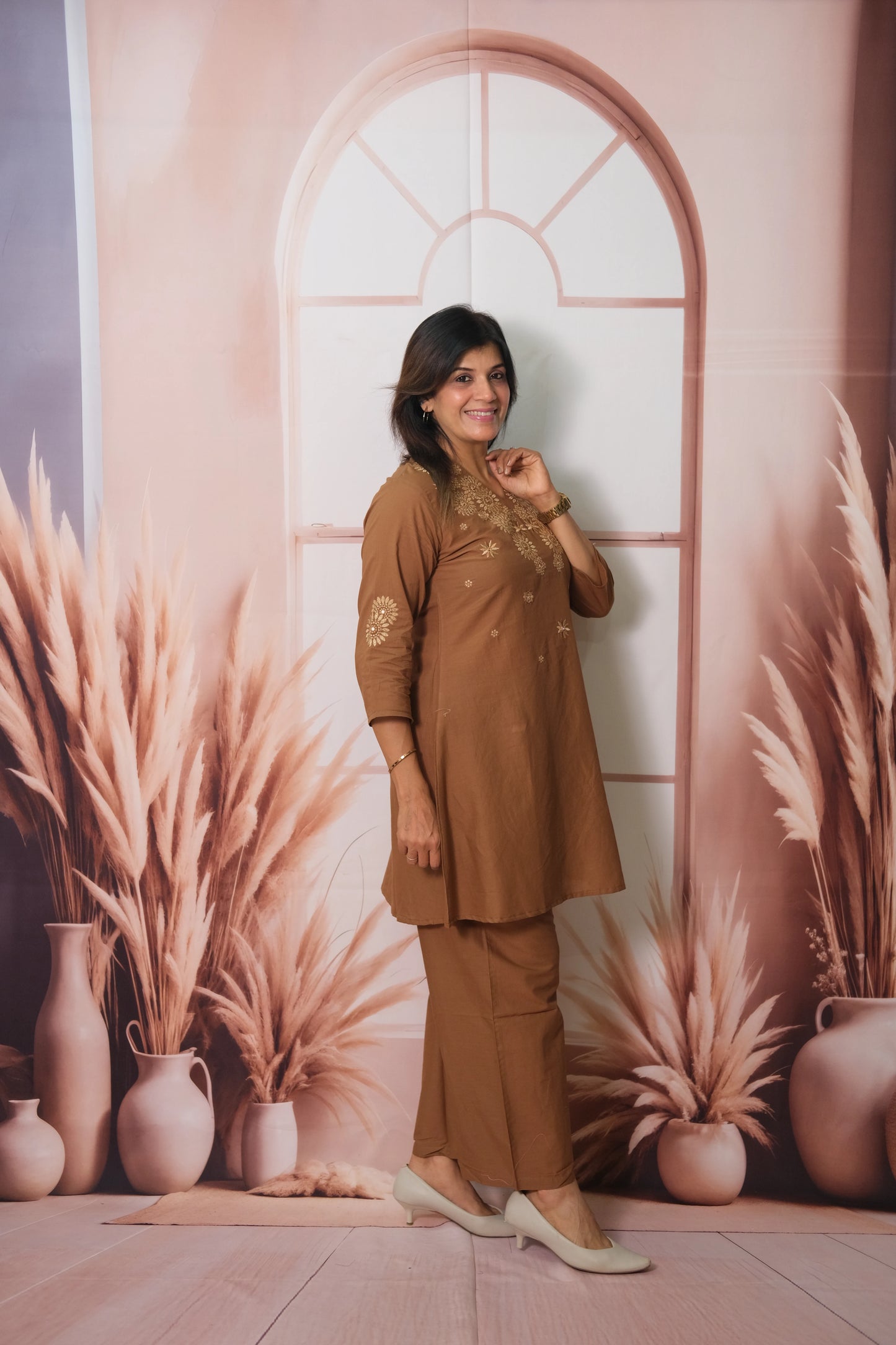 Brown Co-ord Set in Soft Cotton with Embroidery – Effortless Elegance