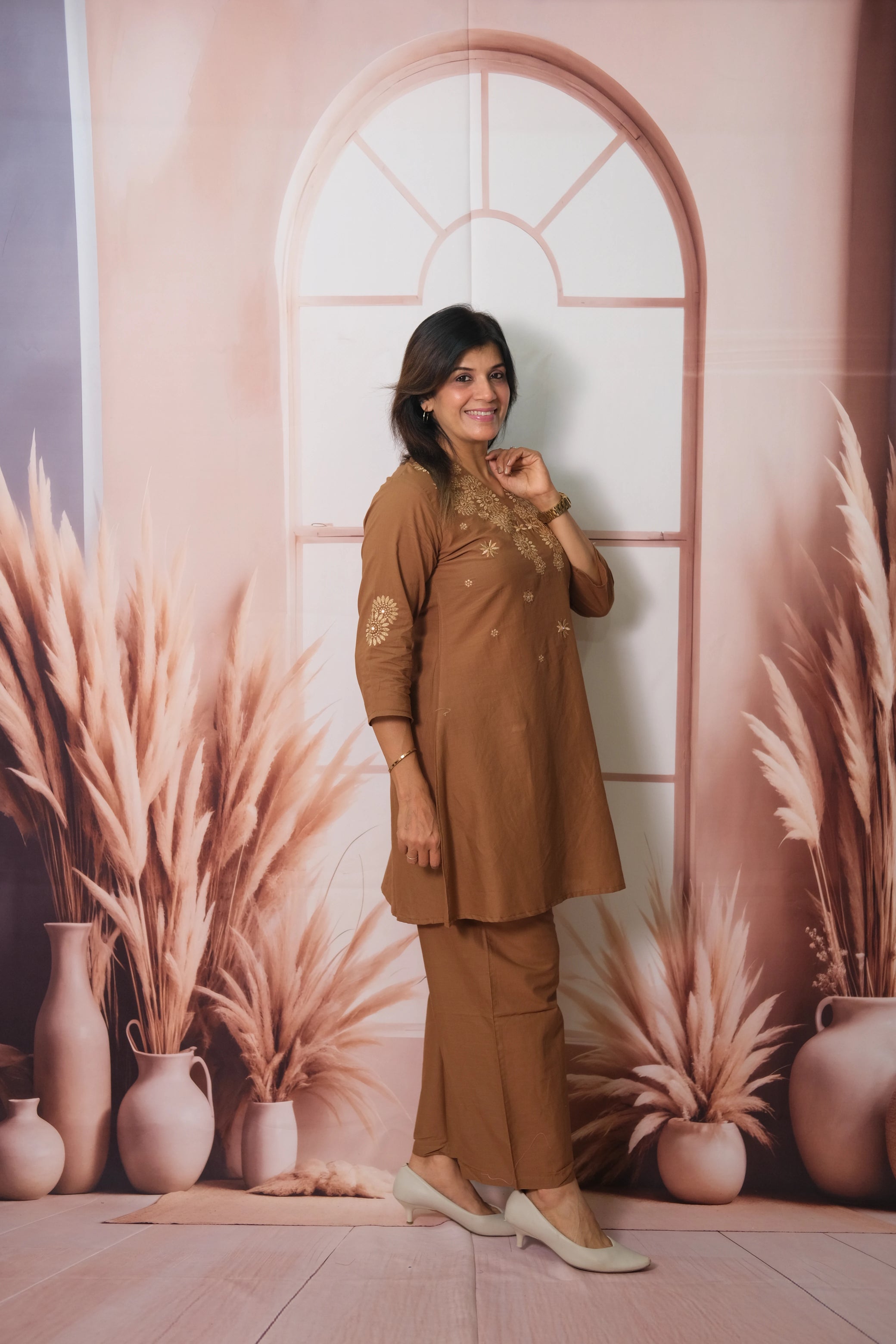 Brown Co-ord Set in Soft Cotton with Embroidery – Effortless Elegance