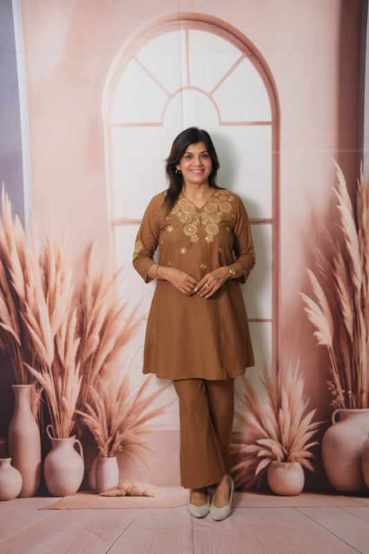 Brown Co-ord Set in Soft Cotton with Embroidery – Effortless Elegance
