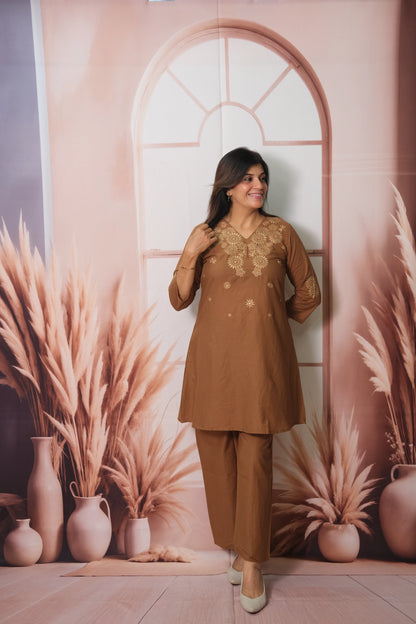 Brown Co-ord Set in Soft Cotton with Embroidery – Effortless Elegance