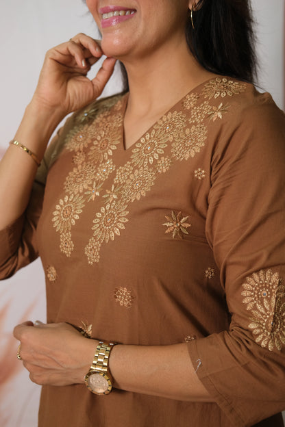 Brown Co-ord Set in Soft Cotton with Embroidery – Effortless Elegance