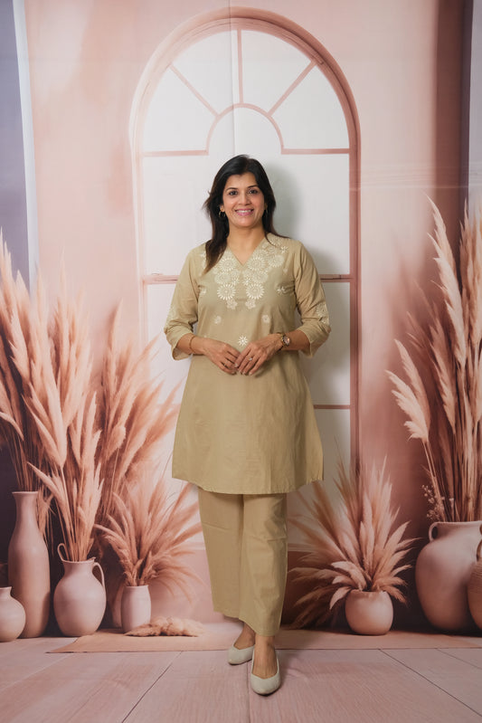 Beige Co-ord Set in Soft Cotton with Embroidery – Effortless Elegance
