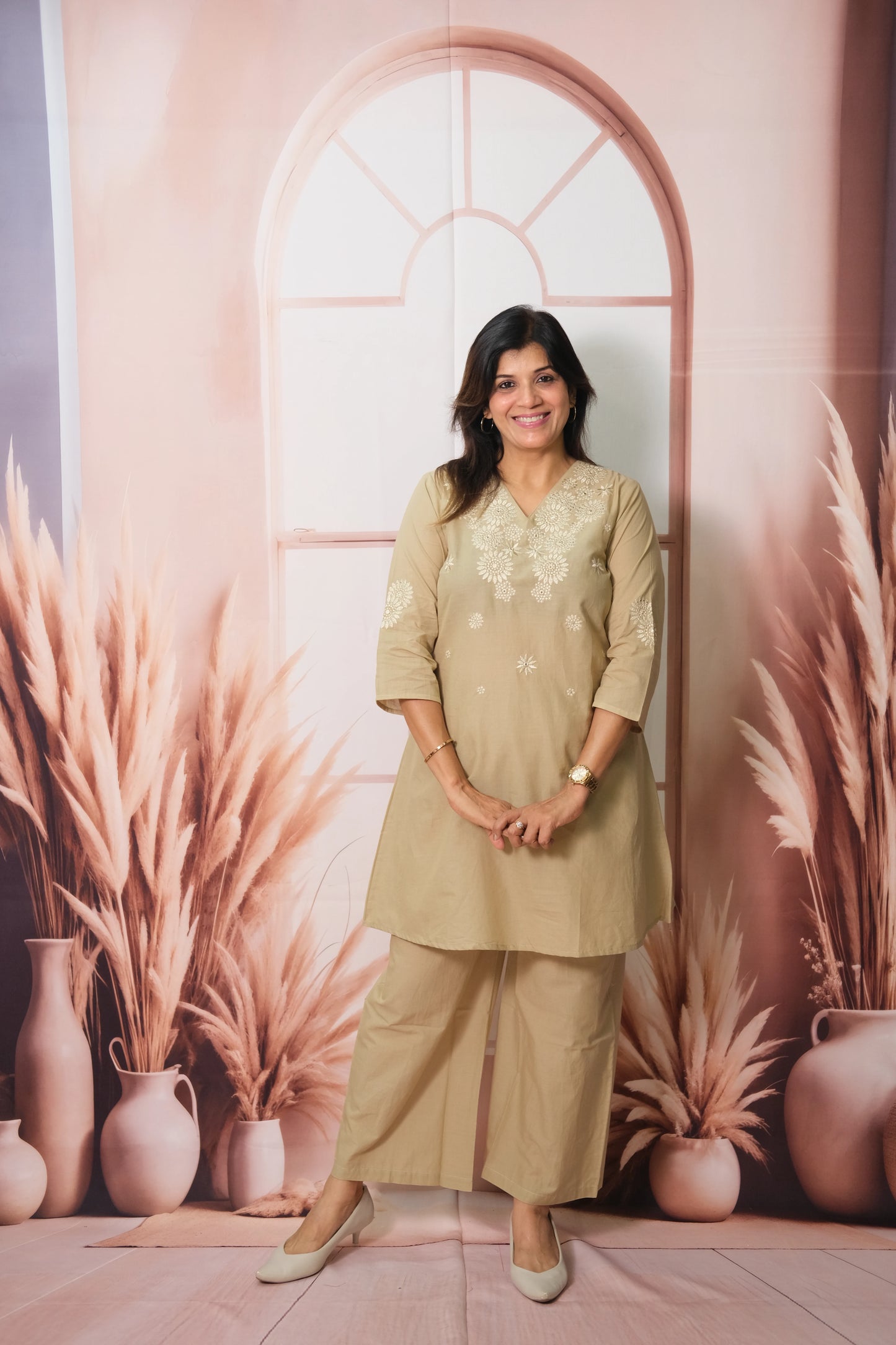 Beige Co-ord Set in Soft Cotton with Embroidery – Effortless Elegance