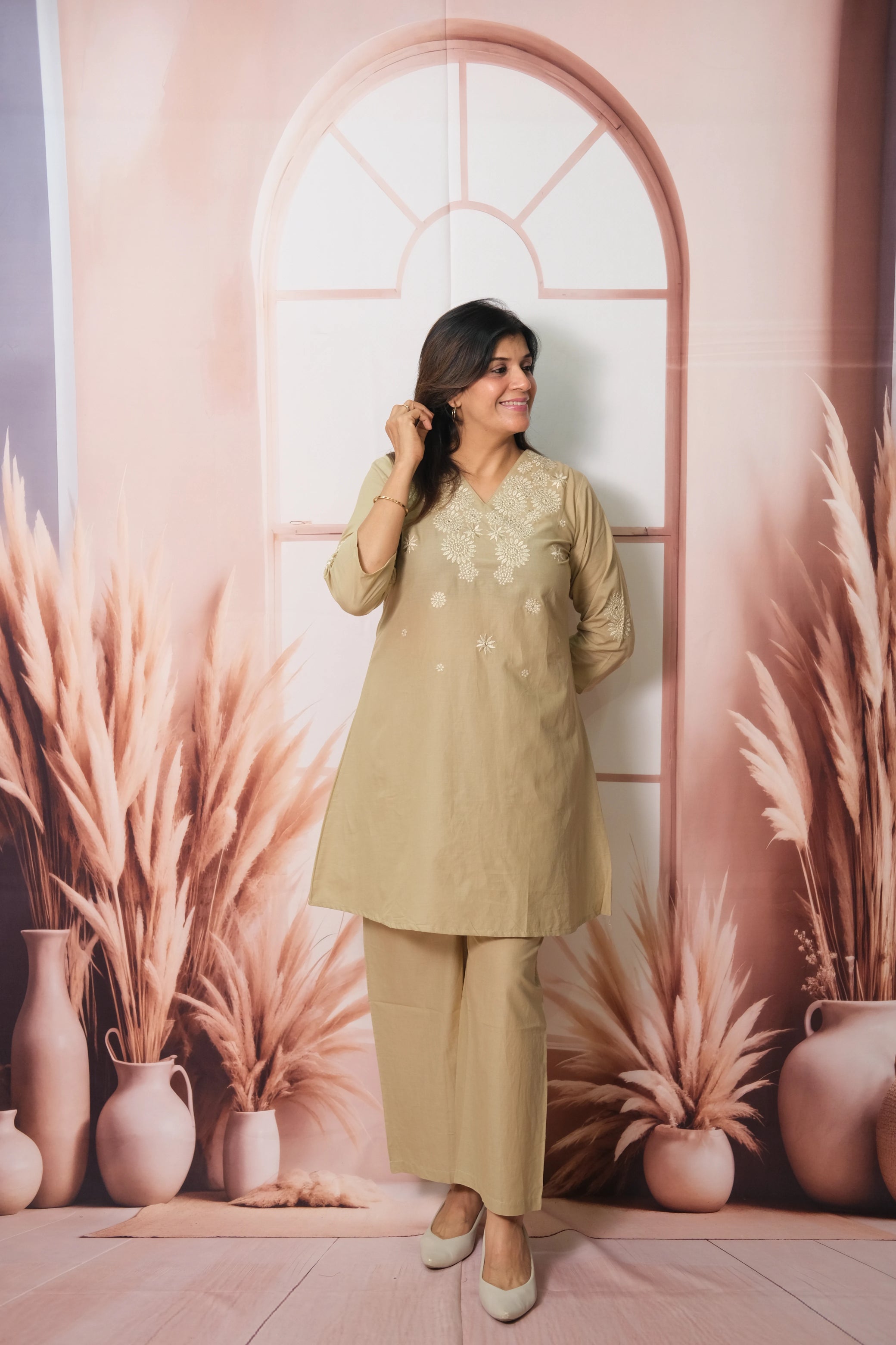 Beige Co-ord Set in Soft Cotton with Embroidery – Effortless Elegance