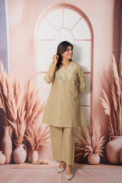 Beige Co-ord Set in Soft Cotton with Embroidery – Effortless Elegance