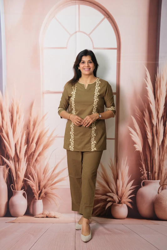 Olive Green Co-ord Set in Soft Cotton with Embroidery – Elegant Daily Wear