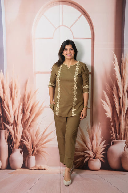 Olive Green Co-ord Set in Soft Cotton with Embroidery – Elegant Daily Wear