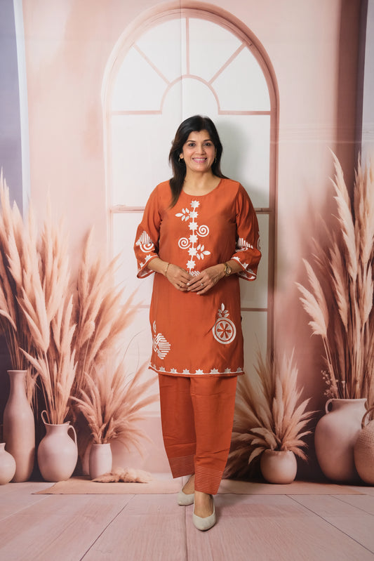 Rust Co-ord Set in Muslin with Embroidery – Graceful Festive Wear