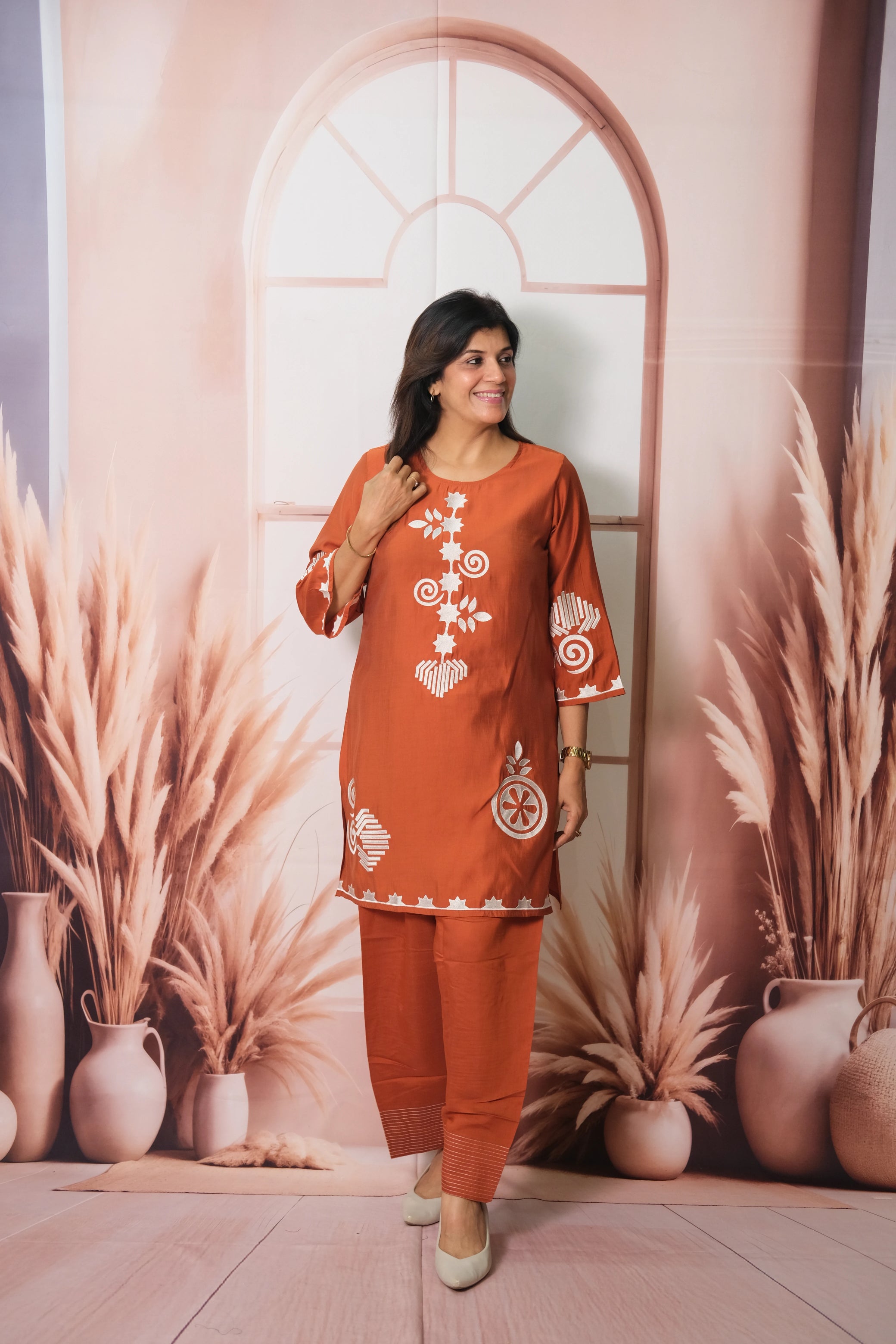 Rust Co-ord Set in Muslin with Embroidery – Graceful Festive Wear
