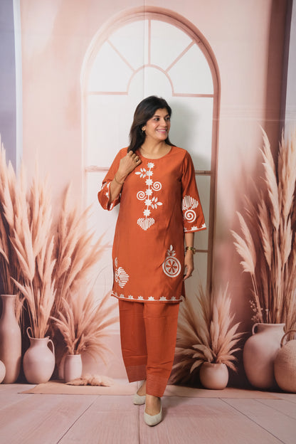 Rust Co-ord Set in Muslin with Embroidery – Graceful Festive Wear