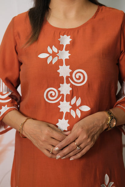 Rust Co-ord Set in Muslin with Embroidery – Graceful Festive Wear