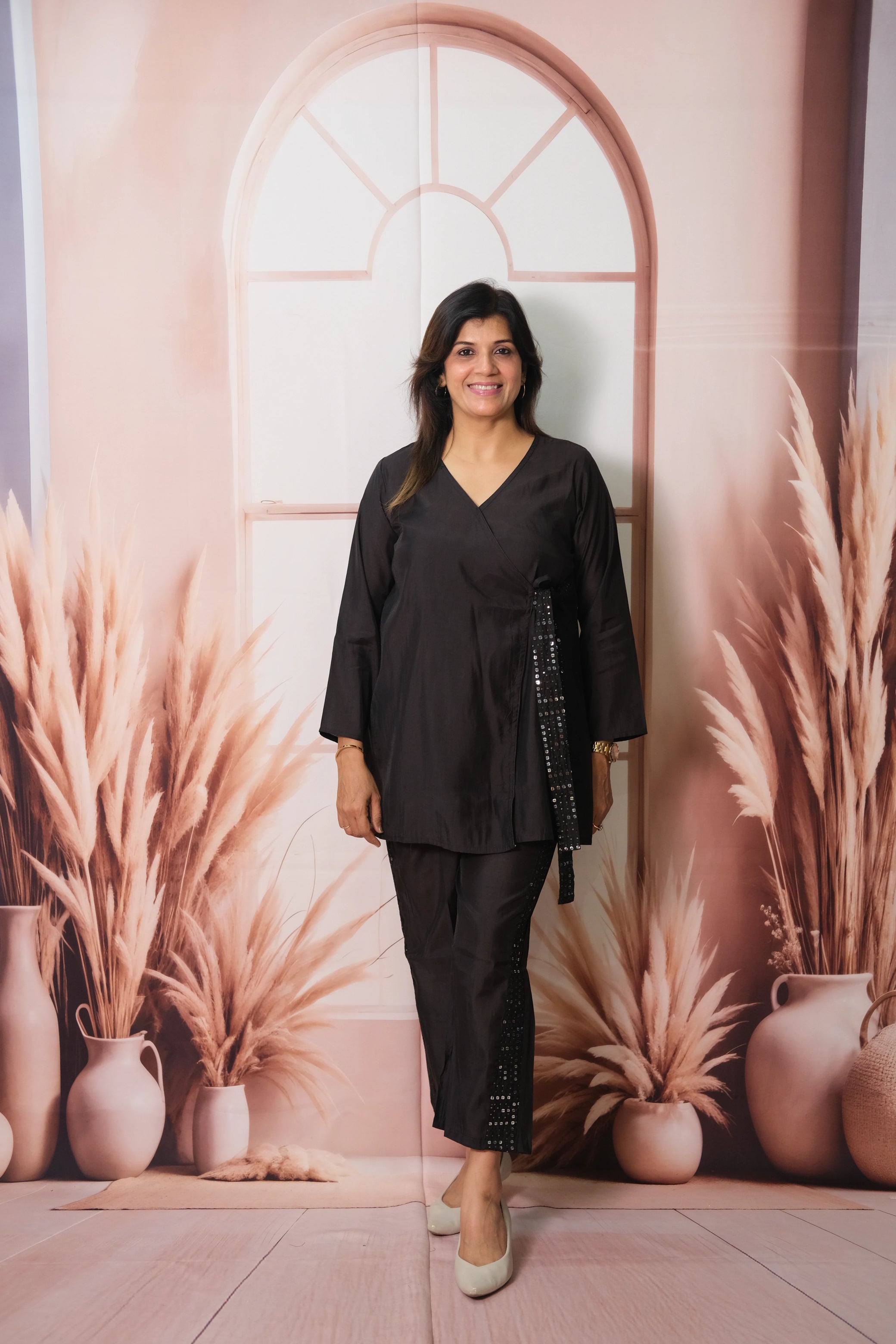 Black Angrakha Style Co-ord Set in Muslin with Sequins Work – Luxe Festive Wear