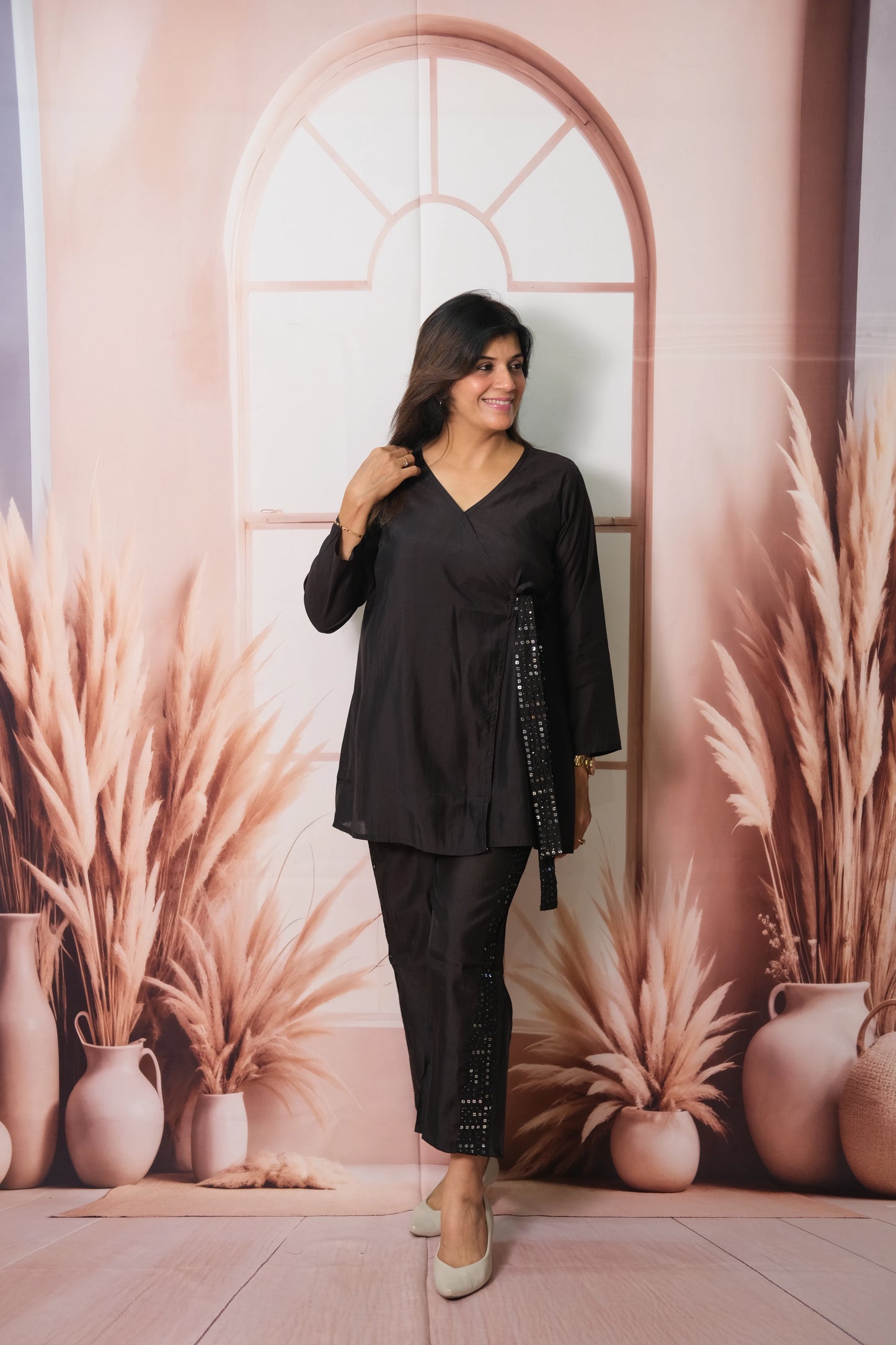 Black Angrakha Style Co-ord Set in Muslin with Sequins Work – Luxe Festive Wear