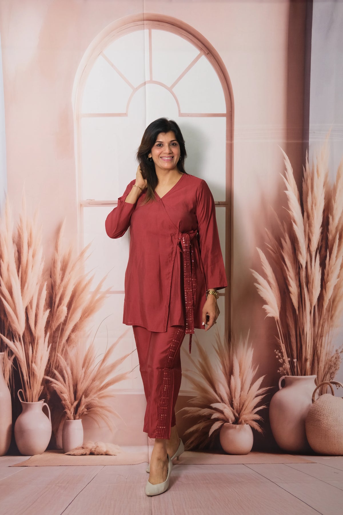 Maroon Angrakha Style Co-ord Set in Muslin with Sequins Work – Luxe Festive Wear
