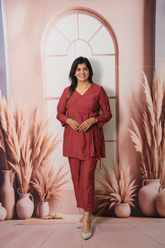 Maroon Angrakha Style Co-ord Set in Muslin with Sequins Work – Luxe Festive Wear