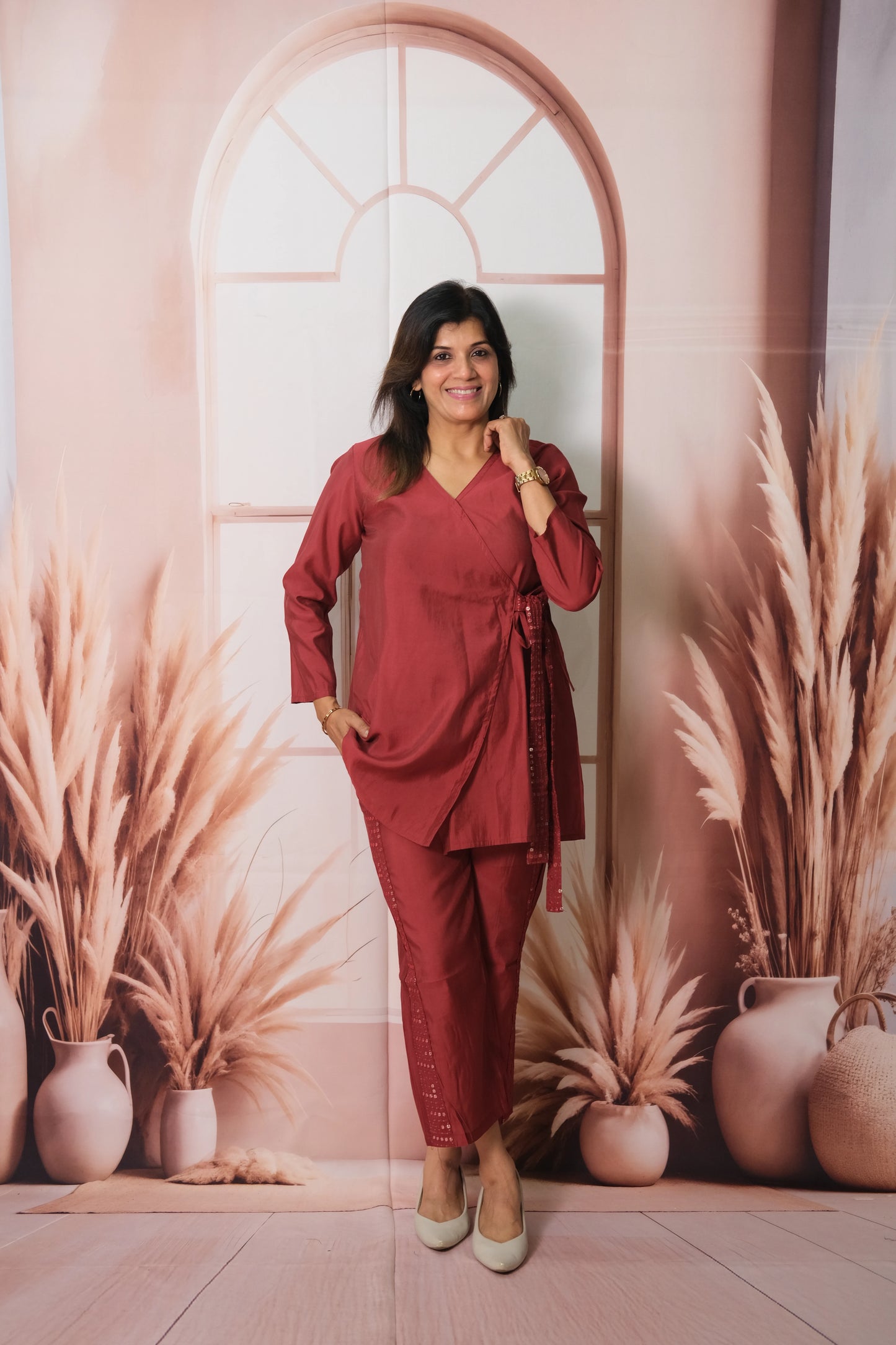 Maroon Angrakha Style Co-ord Set in Muslin with Sequins Work – Luxe Festive Wear
