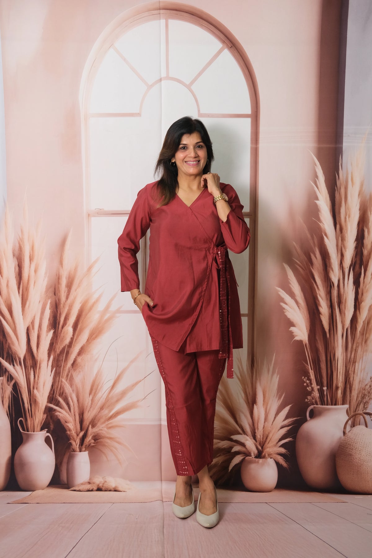 Maroon Angrakha Style Co-ord Set in Muslin with Sequins Work – Luxe Festive Wear