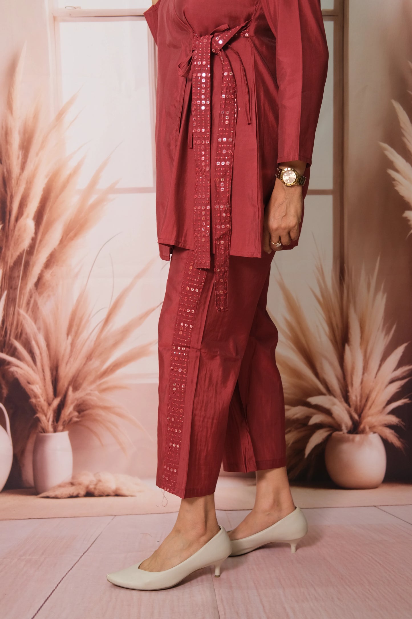Maroon Angrakha Style Co-ord Set in Muslin with Sequins Work – Luxe Festive Wear