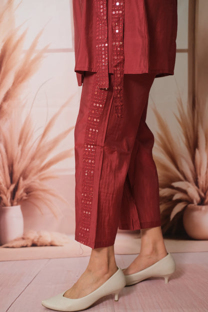 Maroon Angrakha Style Co-ord Set in Muslin with Sequins Work – Luxe Festive Wear