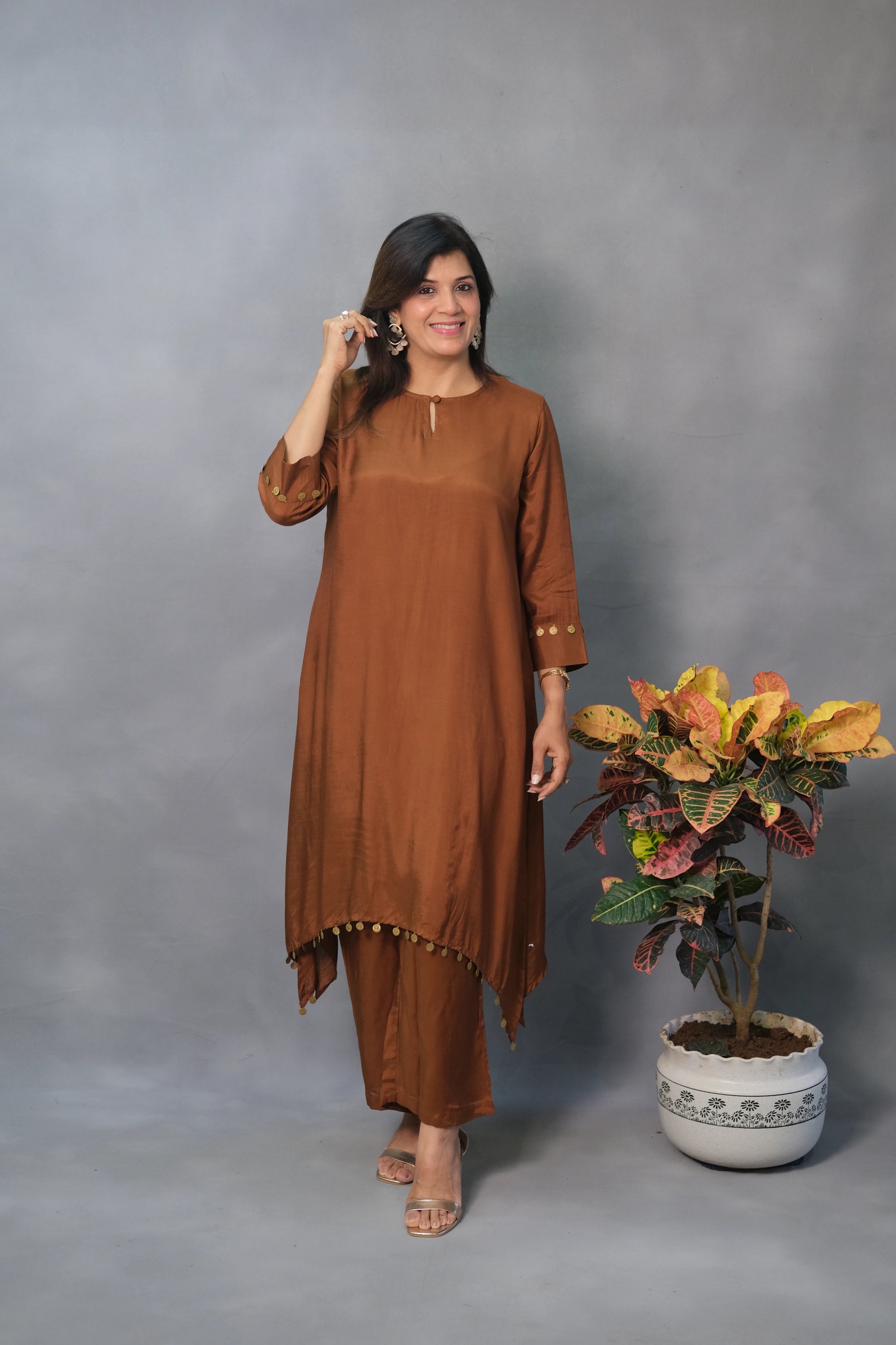 Brown Co-ord Set – Coffee Brown Muslin Silk Ensemble for Effortless Elegance