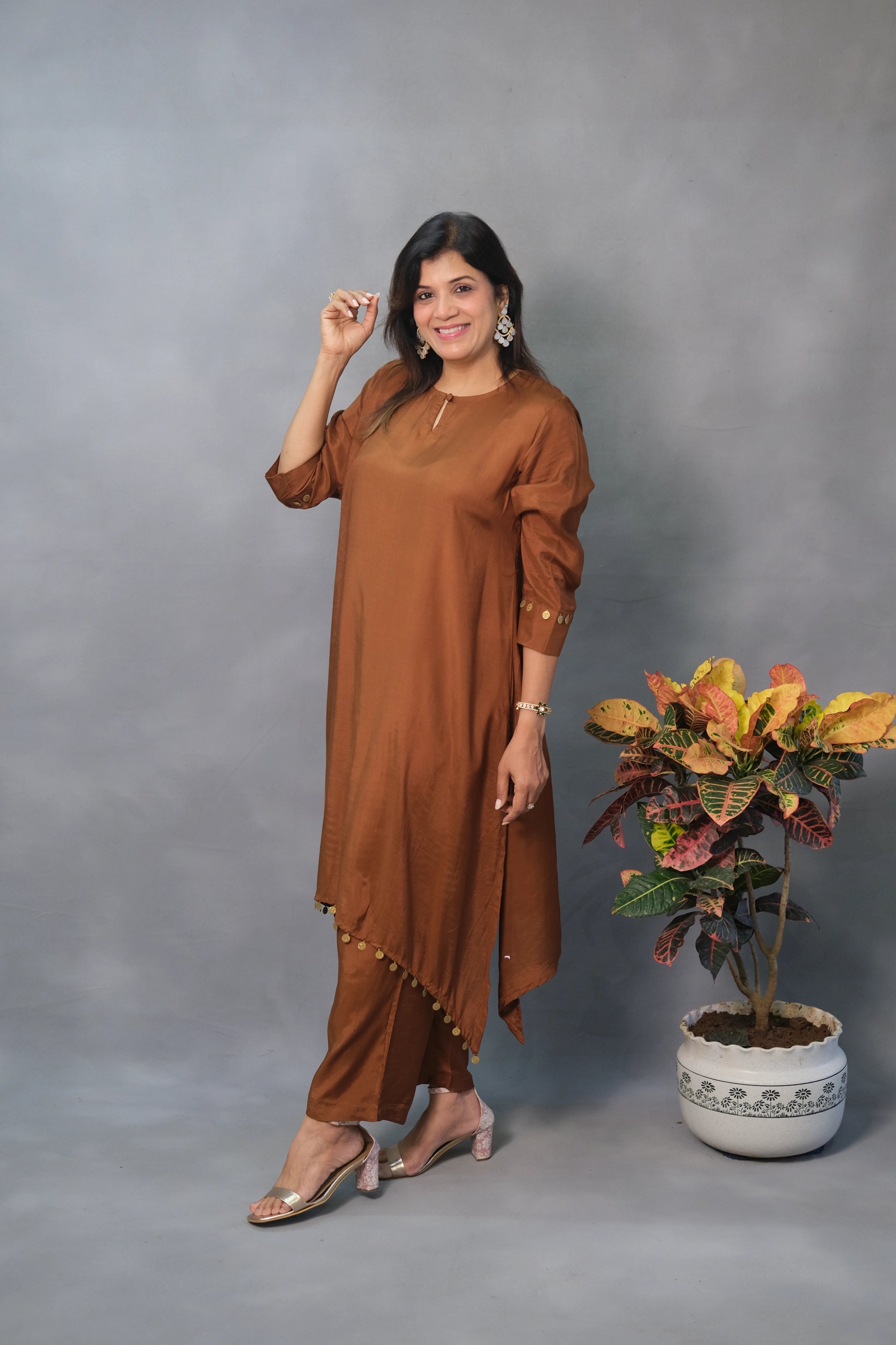 Brown Co-ord Set – Coffee Brown Muslin Silk Ensemble for Effortless Elegance