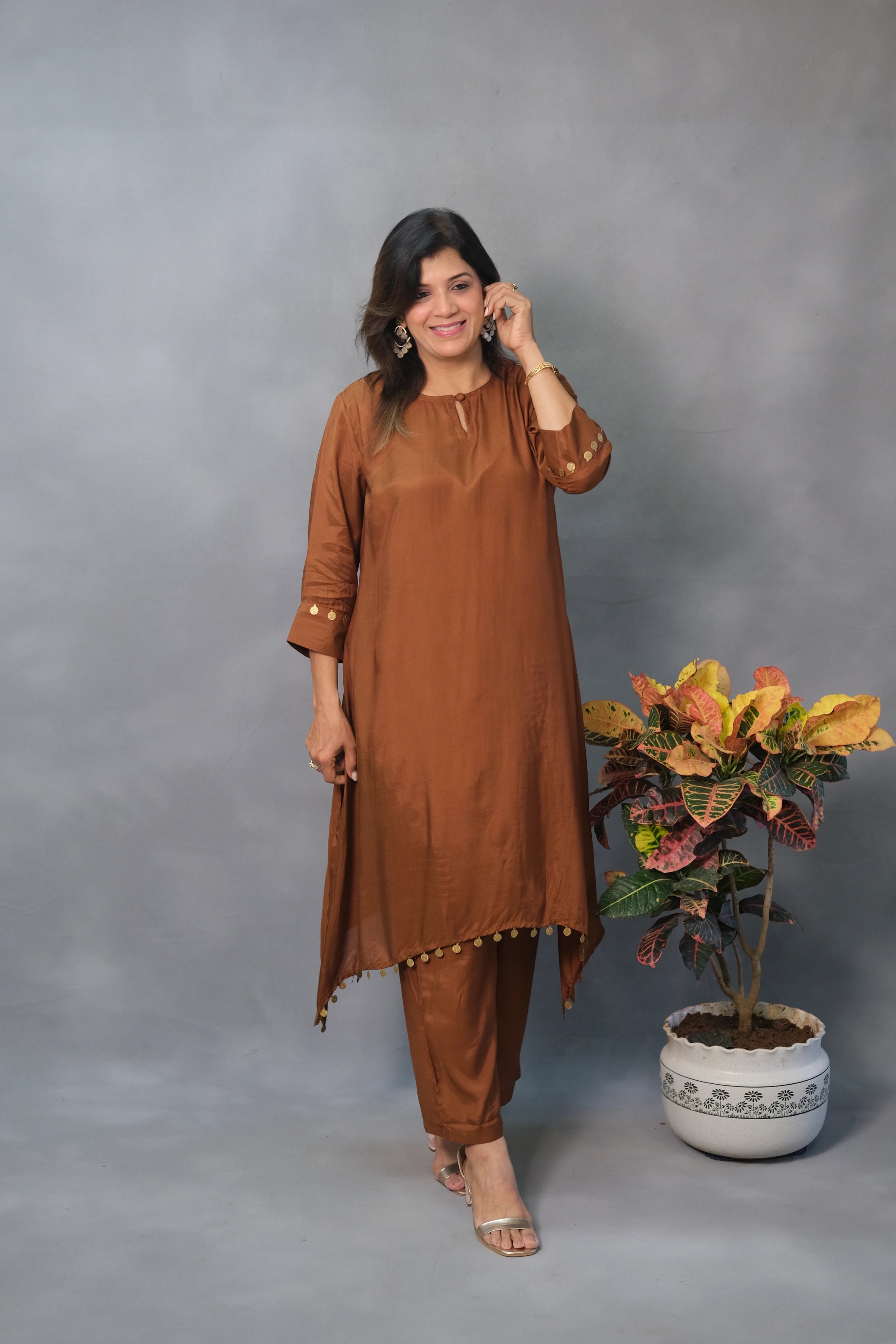 Brown Co-ord Set – Coffee Brown Muslin Silk Ensemble for Effortless Elegance
